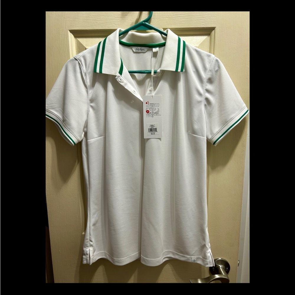 White Polo Shirt with Classic Collar and Green Trim